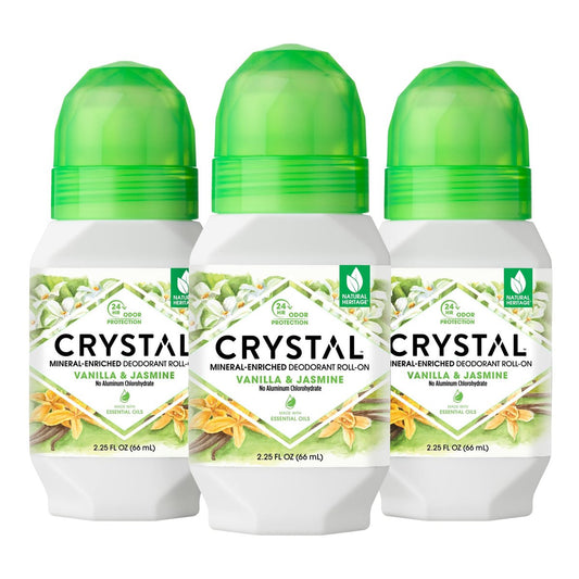 Crystal Essence Mineral Roll-On Deodorant, Vanilla Jasmine, 2.25 fl oz (Pack of 3) - Aluminum-Free, Natural Deodorant for Women and Men