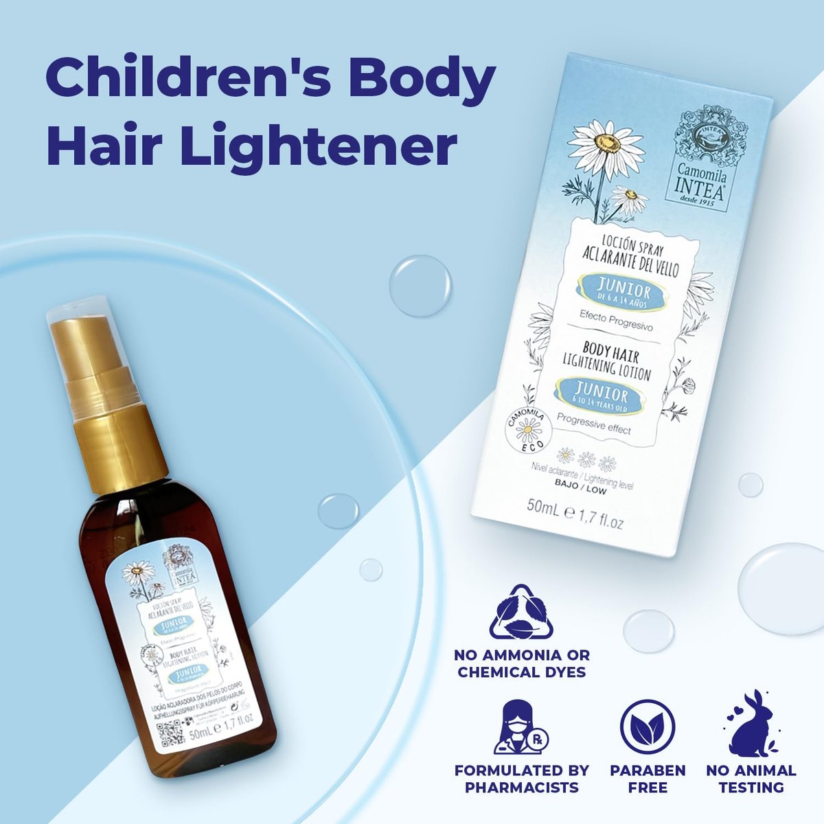 Camomila Intea Junior Body Hair Lightener for Kids - Natural Chamomile Spray, Paraben & Ammonia Free, 1.7 oz (50 ml) Avelisse