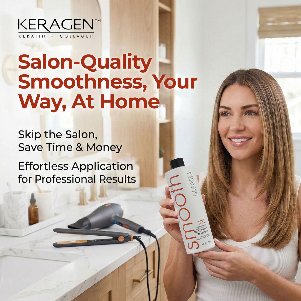 KERAGEN Brazilian Smoothing Keratin Hair Treatment - Forte, Sulfate Free, Eliminates Curls and Frizz for Medium to Coarse Hair (16 oz) Avelisse
