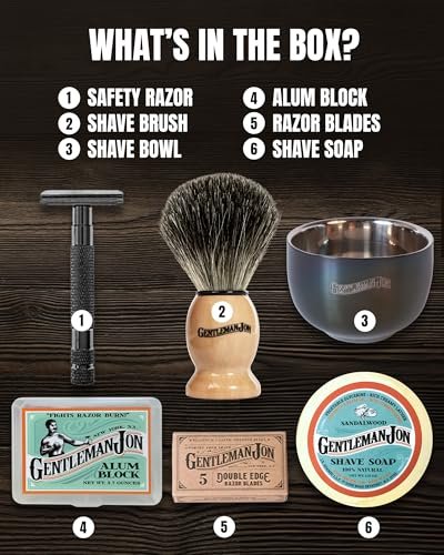Gentleman Jon Safety Razor Shaving Kit - 6 Piece Wet Shave Set with Vintage Razor, Badger Brush, Alum Block, Shave Soap, Stainless Bowl & Double Edge Blades Avelisse