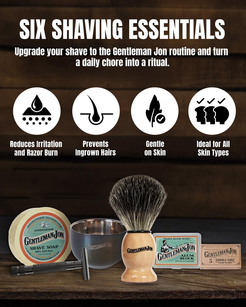 Gentleman Jon Safety Razor Shaving Kit - 6 Piece Wet Shave Set with Vintage Razor, Badger Brush, Alum Block, Shave Soap, Stainless Bowl & Double Edge Blades Avelisse