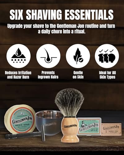 Gentleman Jon Safety Razor Shaving Kit - 6 Piece Wet Shave Set with Vintage Razor, Badger Brush, Alum Block, Shave Soap, Stainless Bowl & Double Edge Blades Avelisse