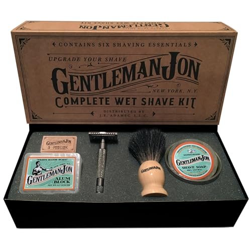 Gentleman Jon Safety Razor Shaving Kit - 6 Piece Wet Shave Set with Vintage Razor, Badger Brush, Alum Block, Shave Soap, Stainless Bowl & Double Edge Blades Avelisse
