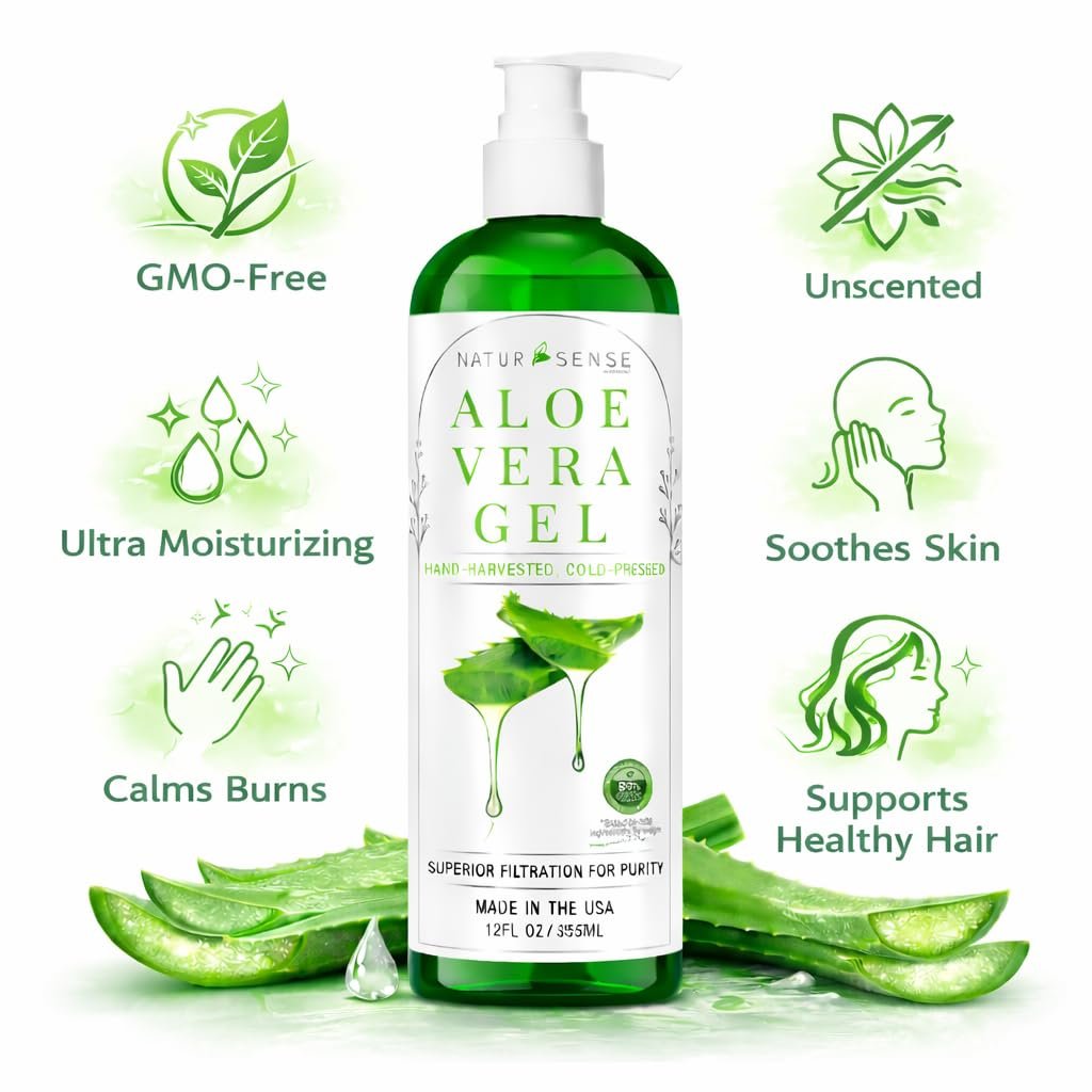 NaturSense 99% Organic Aloe Vera Gel – Deep Hydration Moisturizer for Face, Hair, Scalp, Acne, Sunburn, Dry Winter Skin, Sensitive Skin, Shaving – Unscented, 12 oz, Made in USA Avelisse