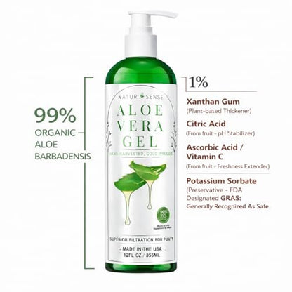 NaturSense 99% Organic Aloe Vera Gel – Deep Hydration Moisturizer for Face, Hair, Scalp, Acne, Sunburn, Dry Winter Skin, Sensitive Skin, Shaving – Unscented, 12 oz, Made in USA Avelisse