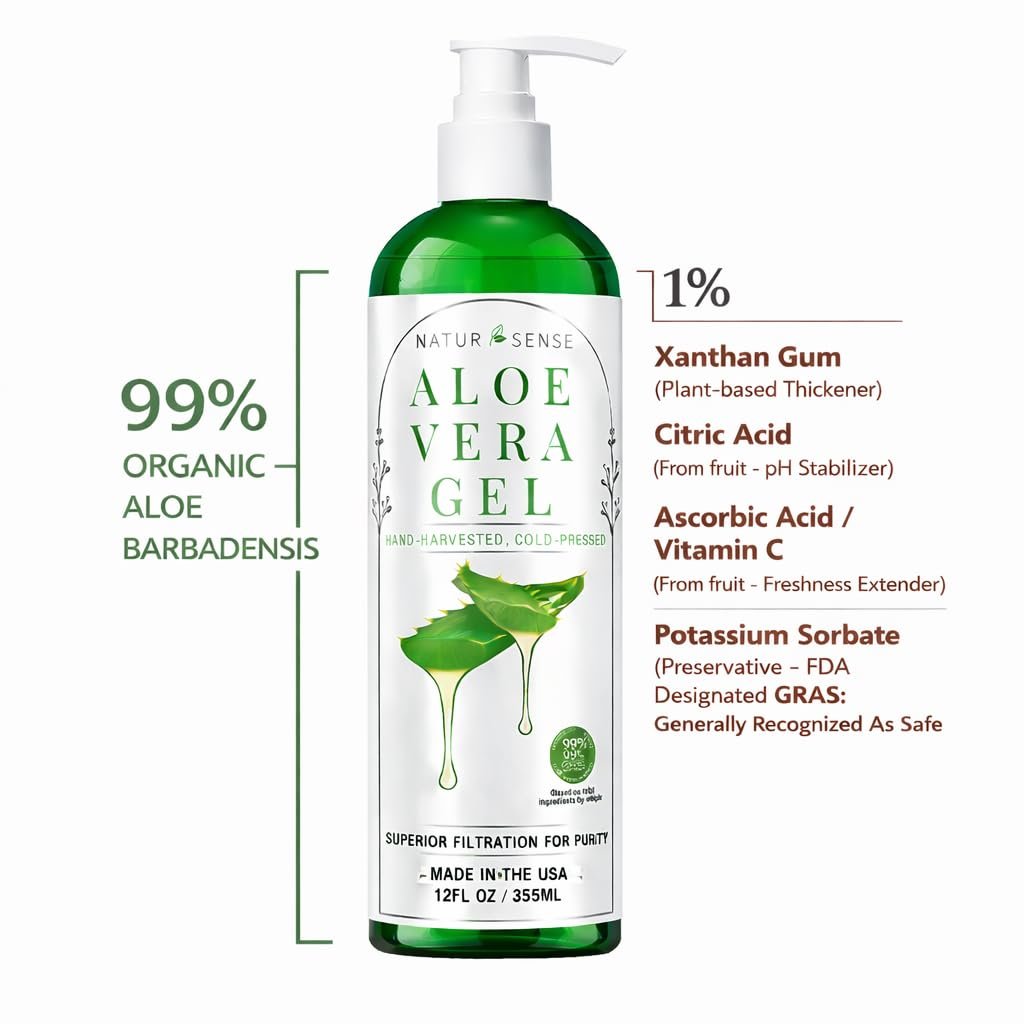 NaturSense 99% Organic Aloe Vera Gel – Deep Hydration Moisturizer for Face, Hair, Scalp, Acne, Sunburn, Dry Winter Skin, Sensitive Skin, Shaving – Unscented, 12 oz, Made in USA Avelisse