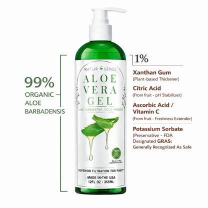 NaturSense 99% Organic Aloe Vera Gel – Deep Hydration Moisturizer for Face, Hair, Scalp, Acne, Sunburn, Dry Winter Skin, Sensitive Skin, Shaving – Unscented, 12 oz, Made in USA Avelisse