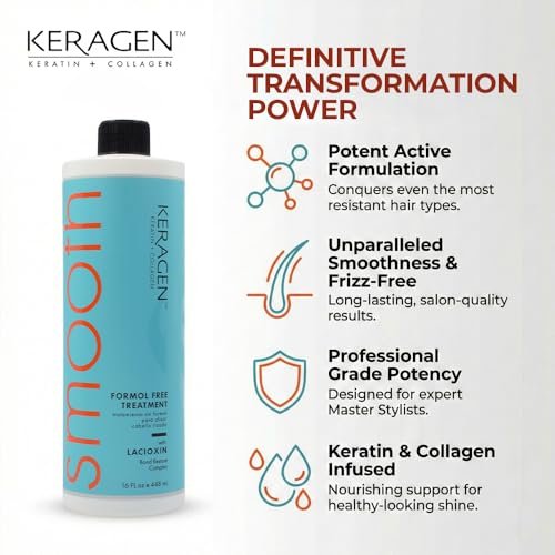 Keragen Brazilian Keratin Smoothing Treatment - Formaldehyde-Free Blowout for Frizzy, Dry, or Damaged Hair - Smooth, Silky Results - Fine to Medium Hair - 16 Oz Avelisse