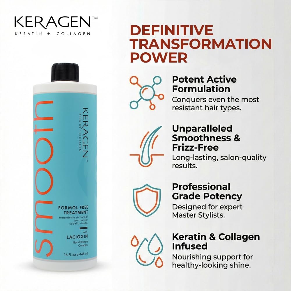 Keragen Brazilian Keratin Smoothing Treatment - Formaldehyde-Free Blowout for Frizzy, Dry, or Damaged Hair - Smooth, Silky Results - Fine to Medium Hair - 16 Oz Avelisse