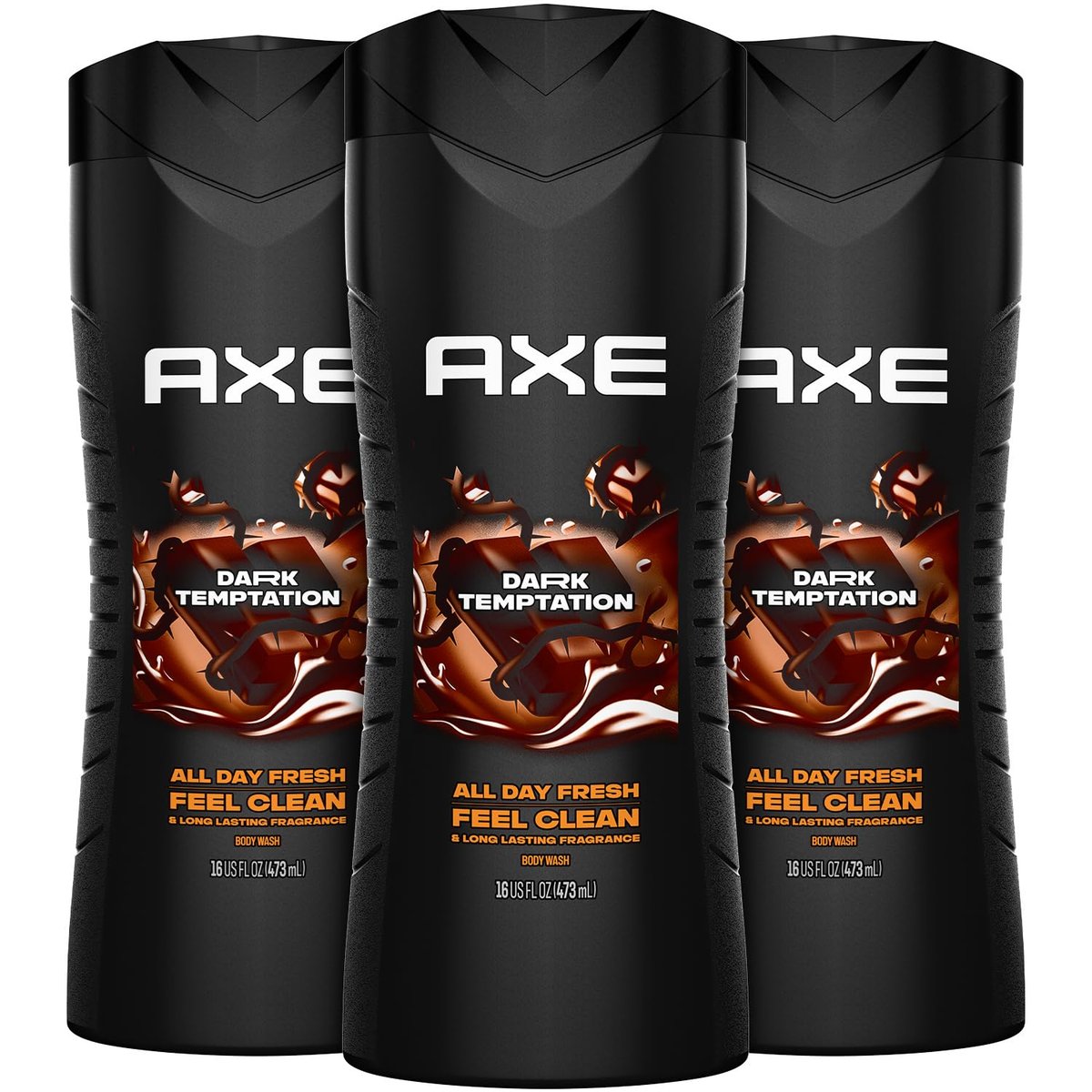 AXE Dark Temptation Body Wash, 3-Pack, 16 Fl Oz Each - Refreshing Chocolate Scent for Men Avelisse