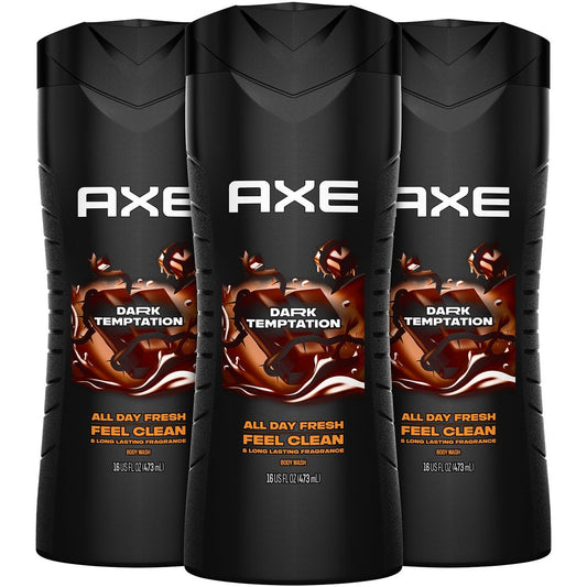 AXE Dark Temptation Body Wash, 3-Pack, 16 Fl Oz Each - Refreshing Chocolate Scent for Men Avelisse