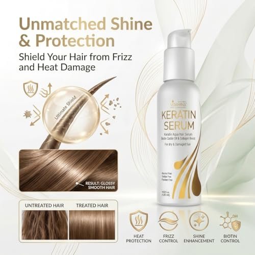 VITAMINS Hair Cosmetics Keratin Hair Serum with Biotin, Castor Oil & Collagen - Anti-Frizz Heat Protectant & Leave-In Shine Treatment for Dry, Damaged, Color-Treated Hair - 4.25 fl oz (125mL) - görsel 4