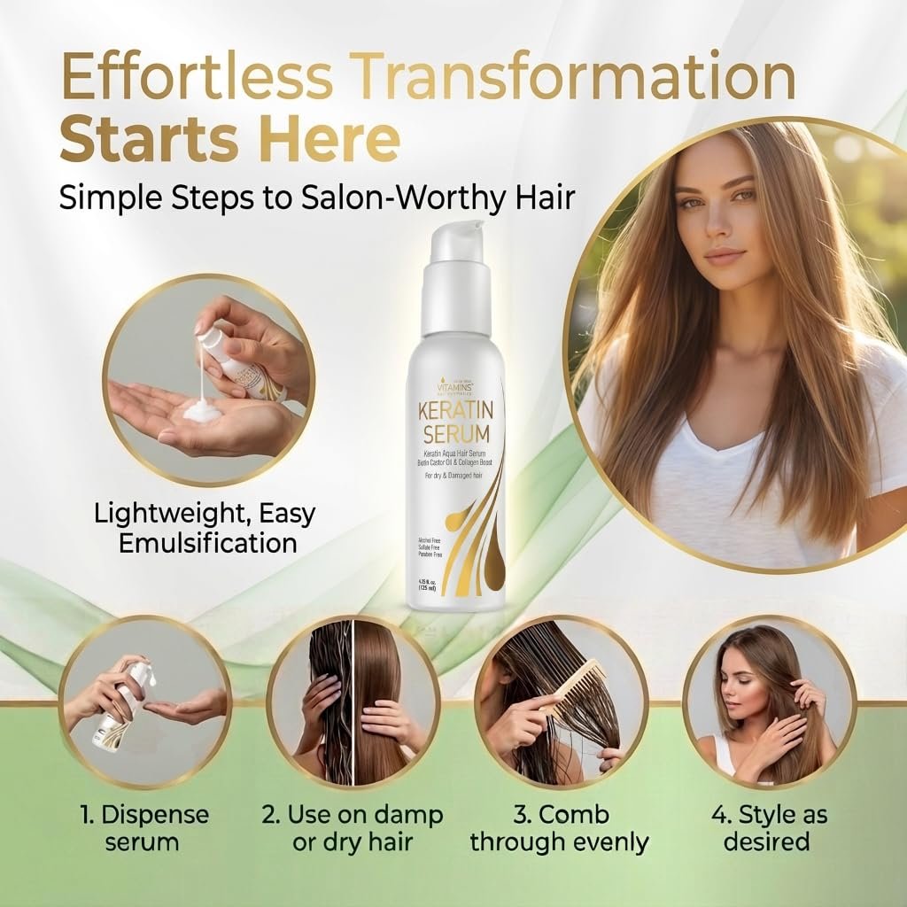 VITAMINS Hair Cosmetics Keratin Hair Serum with Biotin, Castor Oil & Collagen - Anti-Frizz Heat Protectant & Leave-In Shine Treatment for Dry, Damaged, Color-Treated Hair - 4.25 fl oz (125mL) - görsel 7