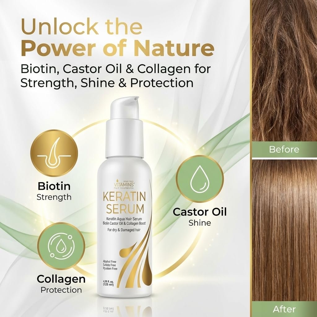 VITAMINS Hair Cosmetics Keratin Hair Serum with Biotin, Castor Oil & Collagen - Anti-Frizz Heat Protectant & Leave-In Shine Treatment for Dry, Damaged, Color-Treated Hair - 4.25 fl oz (125mL) - görsel 5