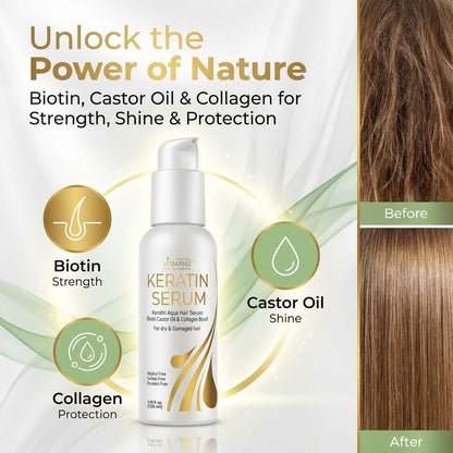 VITAMINS Hair Cosmetics Keratin Hair Serum with Biotin, Castor Oil & Collagen - Anti-Frizz Heat Protectant & Leave-In Shine Treatment for Dry, Damaged, Color-Treated Hair - 4.25 fl oz (125mL)