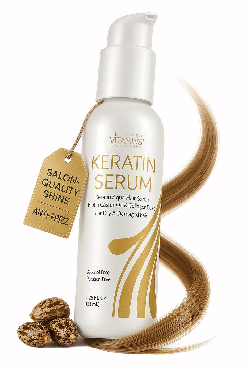 VITAMINS Hair Cosmetics Keratin Hair Serum with Biotin, Castor Oil & Collagen - Anti-Frizz Heat Protectant & Leave-In Shine Treatment for Dry, Damaged, Color-Treated Hair - 4.25 fl oz (125mL) - görsel 1