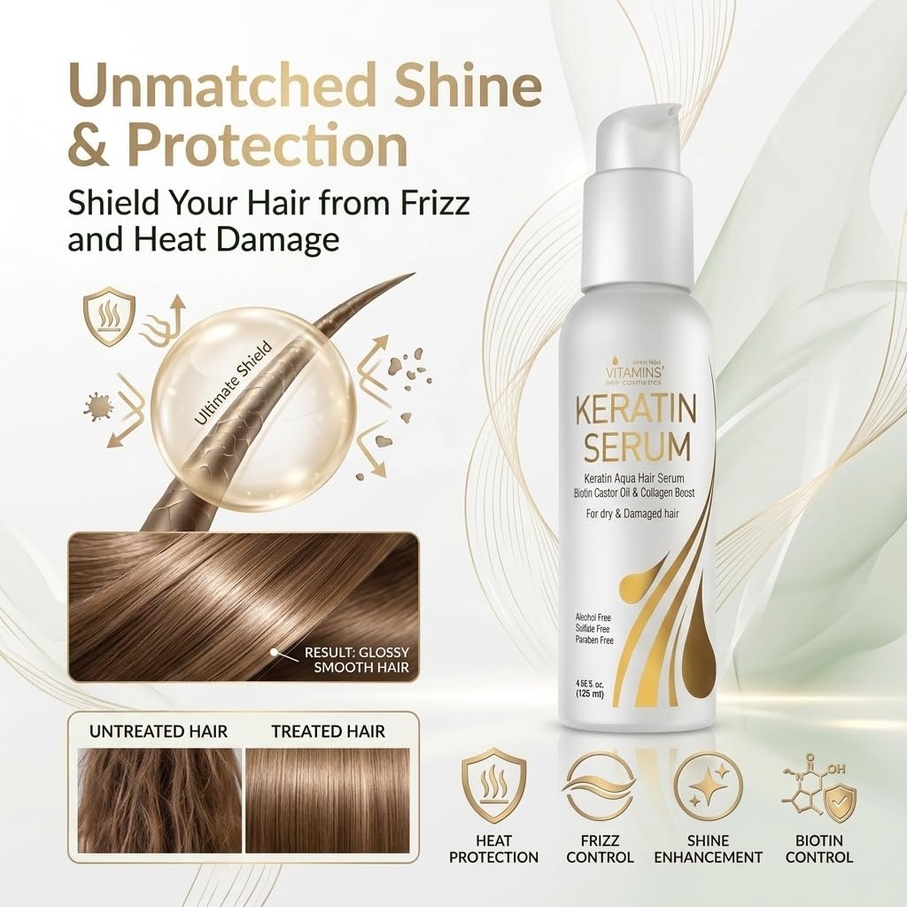 VITAMINS Hair Cosmetics Keratin Hair Serum with Biotin, Castor Oil & Collagen - Anti-Frizz Heat Protectant & Leave-In Shine Treatment for Dry, Damaged, Color-Treated Hair - 4.25 fl oz (125mL) - görsel 3