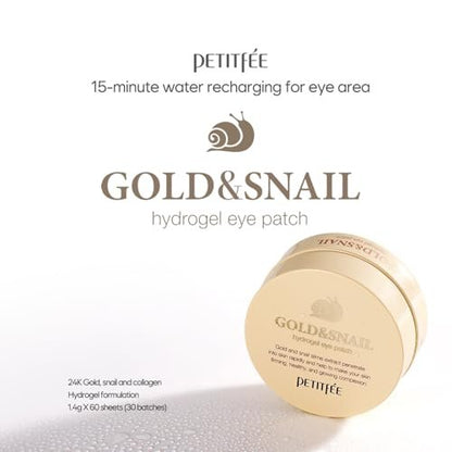 Petitfee Gold & Snail Hydrogel Eye Patches – 60 Count (30 Pairs) – 24k Gold & Snail Mucin Eye Mask for Firming, Hydrating, and Healthy Skin