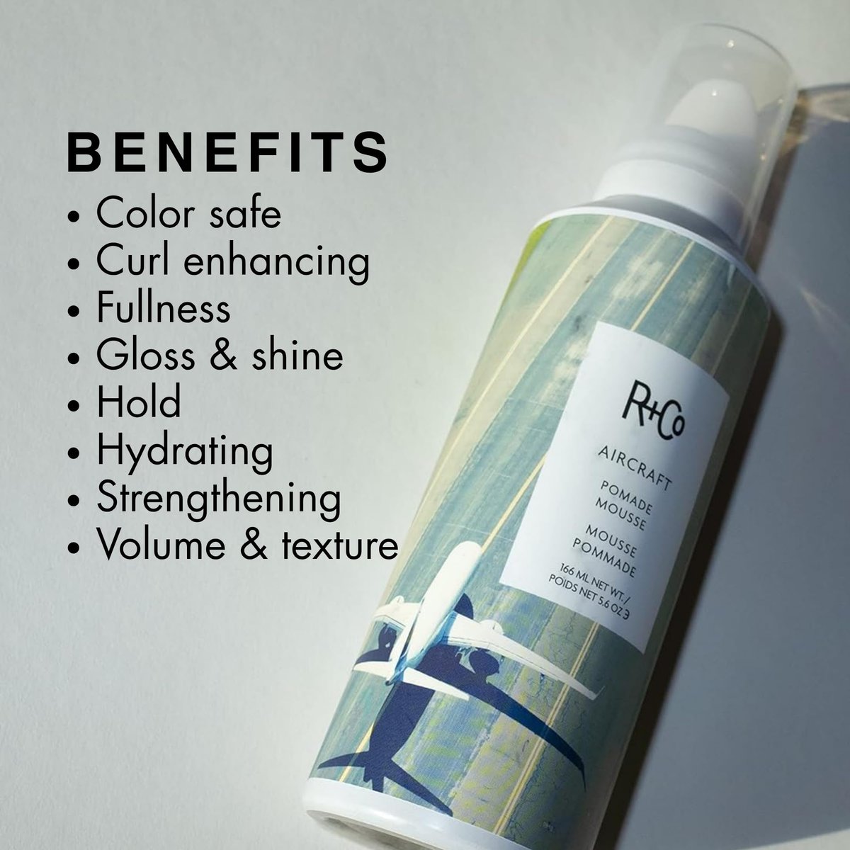 R+Co Aircraft Pomade Mousse – Lightweight Non-Sticky Styling Foam for Texture, Volume & Definition – Anti-Frizz Heat Protectant – Vegan & Paraben-Free – 5.6 oz Avelisse