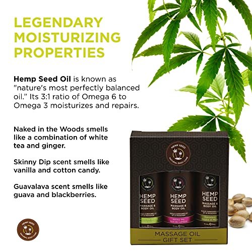 Hemp Seed Massage & Body Oil Gift Set - 2 oz Trio of Naked in the Woods, Skinny Dip & Guavalava Scents - Vegan & Cruelty Free - görsel 6