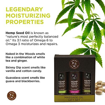 Hemp Seed Massage & Body Oil Gift Set - 2 oz Trio of Naked in the Woods, Skinny Dip & Guavalava Scents - Vegan & Cruelty Free