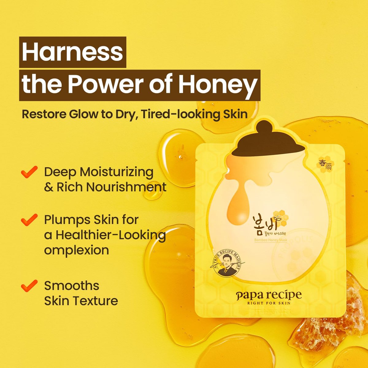 Papa Recipe Bombee Honey Mask Pack - 10 Sheets, Deep Moisturizing Sheet Mask for Dry Skin, Korean K-Beauty Ampoule Solidified Mask for Radiant Skin - görsel 3