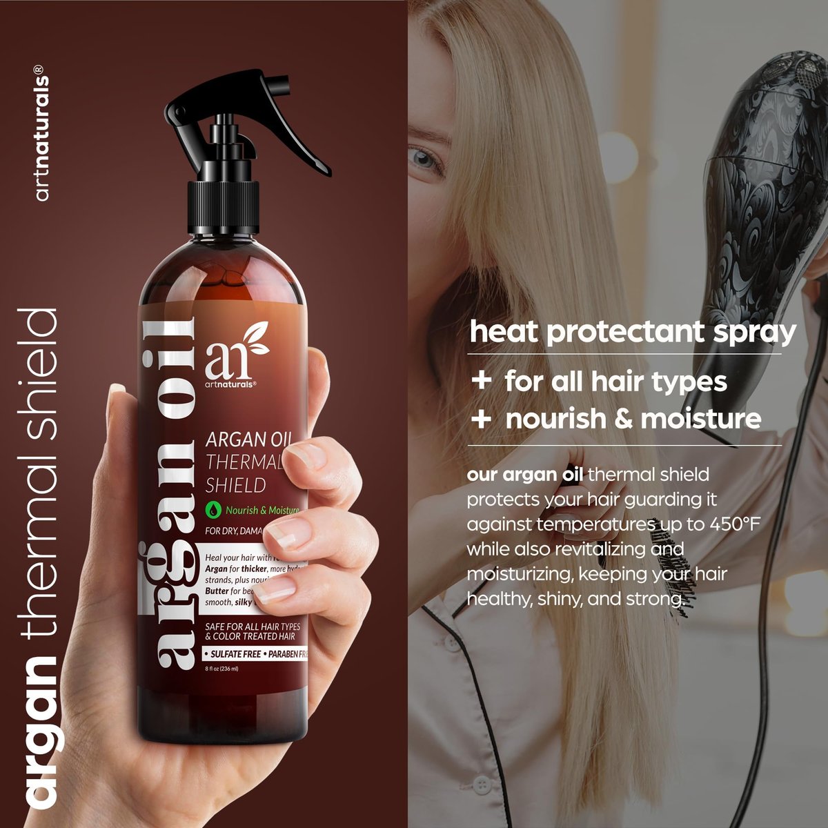 Artnaturals Thermal Hair Protector Spray - Heat Protectant for Flat Iron, Argan Oil, Sulfate Free, 8 Fl Oz Avelisse