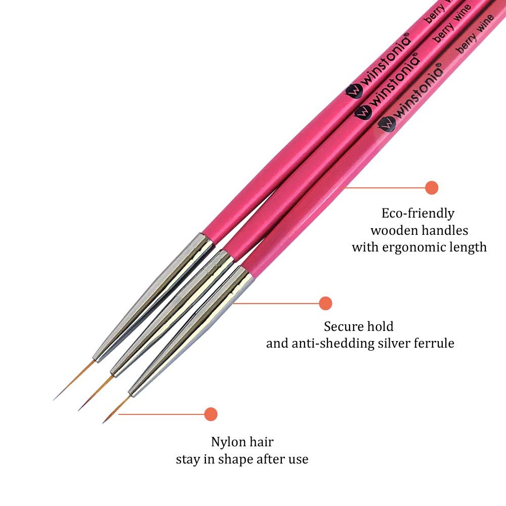 Winstonia Super Fine Nail Art Brush Set - 3 Precision Brushes for Thin Lines & Tiny Details (Berry Wine) - görsel 3
