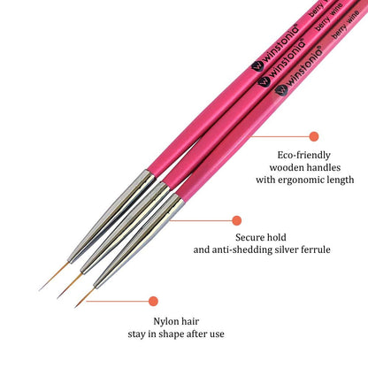 Winstonia Super Fine Nail Art Brush Set - 3 Precision Brushes for Thin Lines & Tiny Details (Berry Wine)