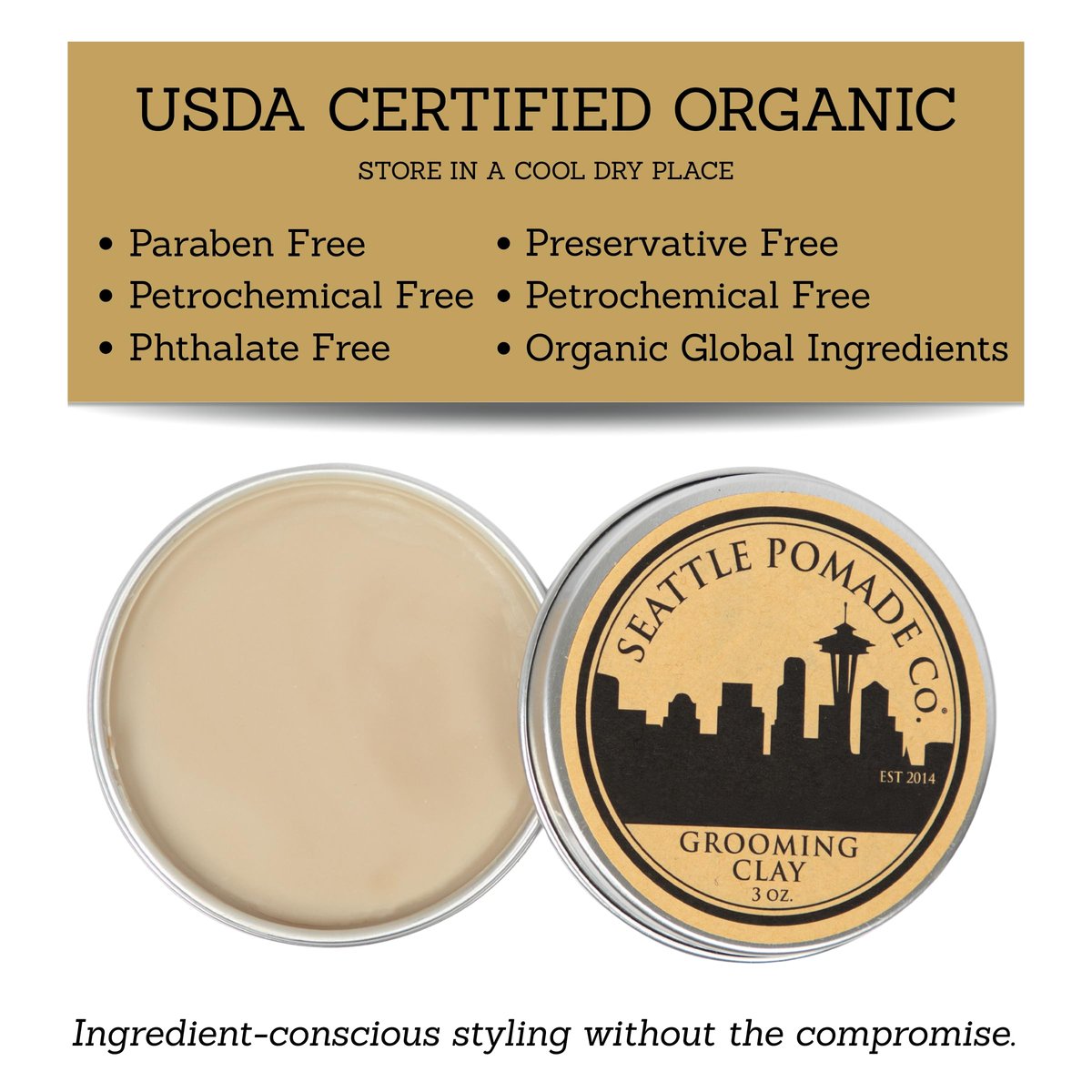 Seattle Pomade Co. Grooming Clay for Hair - USDA Certified, Organic Essential Oils, Beeswax Based (3 oz) Avelisse