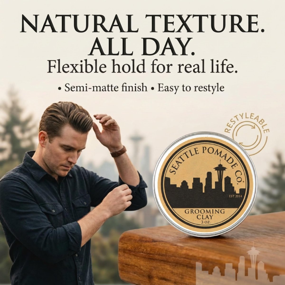 Seattle Pomade Co. Grooming Clay for Hair - USDA Certified, Organic Essential Oils, Beeswax Based (3 oz) Avelisse
