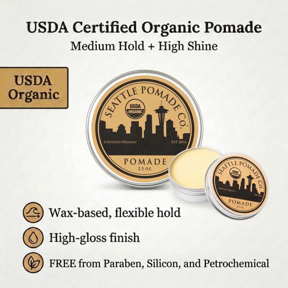 Seattle Pomade Co. USDA Certified Organic Pomade - Medium Hold & High Shine, Non GMO Hair Styling Formula, 2.5 oz Avelisse
