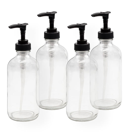 Cornucopia Brands 8oz Clear Glass Pump Bottles (4-Pack) - Black Pumps, Essential Oil Bottles, Lotion Dispensers Avelisse