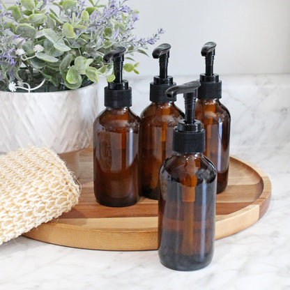 Cornucopia Brands 4oz Amber Glass Pump Bottles (Pack of 4) - Ideal for Lotions, Liquid Soap, Aromatherapy & More Avelisse