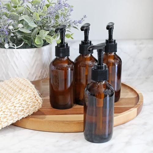 Cornucopia Brands 4oz Amber Glass Pump Bottles (Pack of 4) - Ideal for Lotions, Liquid Soap, Aromatherapy & More Avelisse