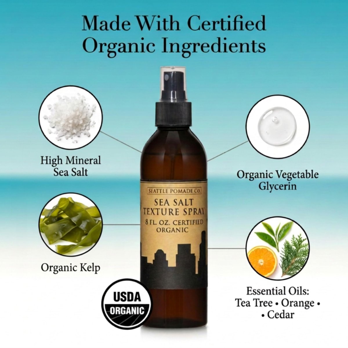 Seattle Pomade Co. Certified Organic Sea Salt Spray – Natural Texturizing Spray for Men & Women, 8 fl oz, Non-GMO & Vegan Avelisse