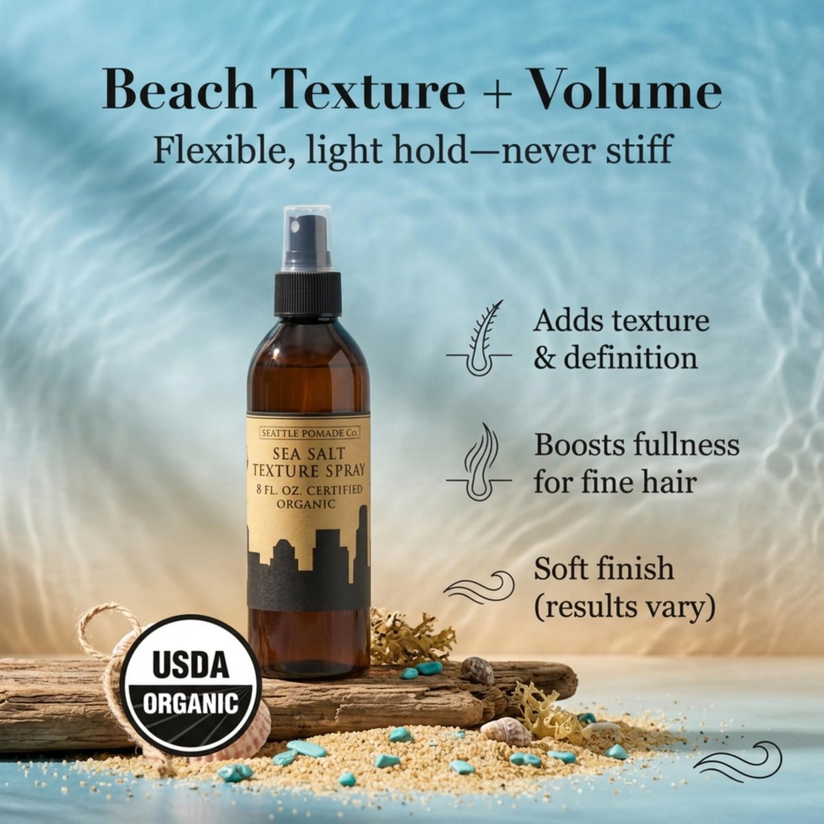 Seattle Pomade Co. Certified Organic Sea Salt Spray – Natural Texturizing Spray for Men & Women, 8 fl oz, Non-GMO & Vegan Avelisse