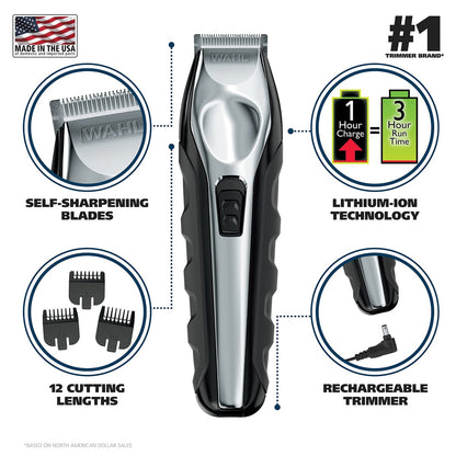 Wahl Lithium Ion Total Beard Trimmer for Men - Model 9888, 19 Piece Set, Stainless Steel Blades, Black/Silver Avelisse