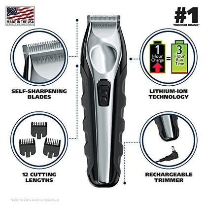 Wahl Lithium Ion Total Beard Trimmer for Men - Model 9888, 19 Piece Set, Stainless Steel Blades, Black/Silver Avelisse