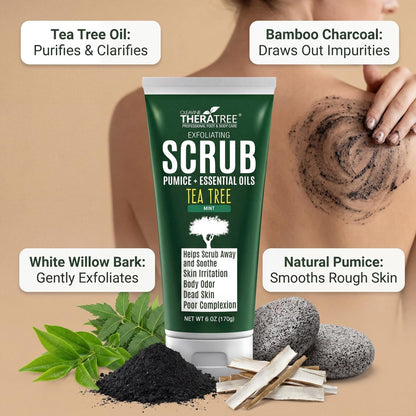 Oleavine TheraTree Tea Tree Oil Exfoliating Body Scrub – Deep Cleansing Charcoal Scrub with Peppermint, Spearmint & Neem for Healthy-Looking Skin, 6 oz Avelisse