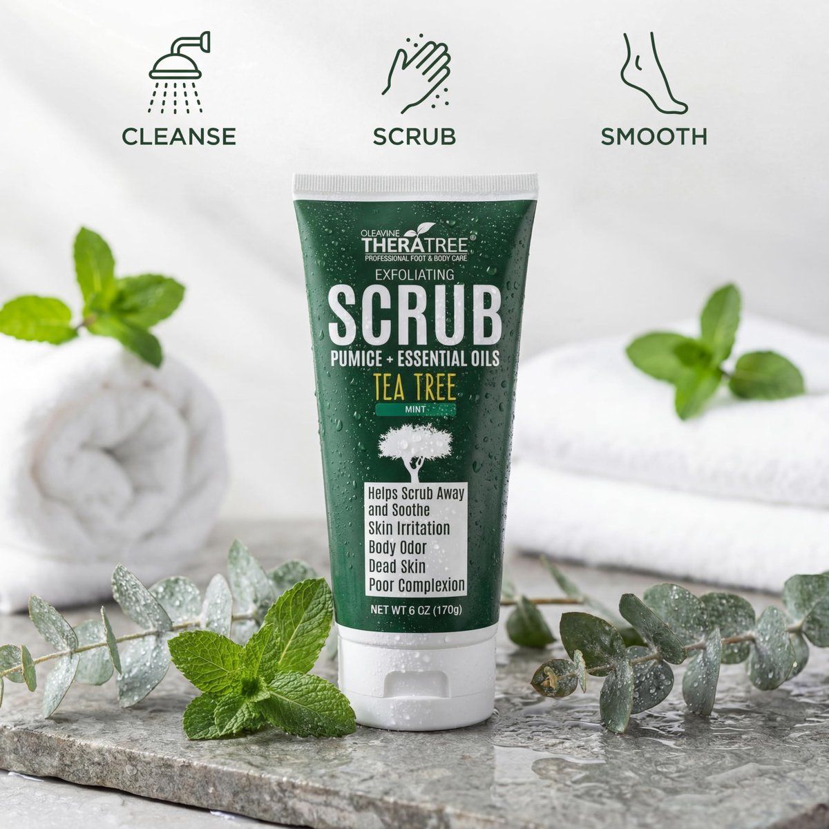 Oleavine TheraTree Tea Tree Oil Exfoliating Body Scrub – Deep Cleansing Charcoal Scrub with Peppermint, Spearmint & Neem for Healthy-Looking Skin, 6 oz Avelisse