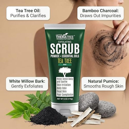 Oleavine TheraTree Tea Tree Oil Exfoliating Body Scrub – Deep Cleansing Charcoal Scrub with Peppermint, Spearmint & Neem for Healthy-Looking Skin, 6 oz Avelisse