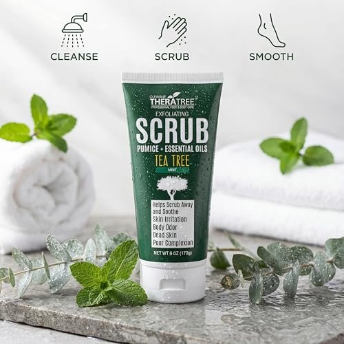 Oleavine TheraTree Tea Tree Oil Exfoliating Body Scrub – Deep Cleansing Charcoal Scrub with Peppermint, Spearmint & Neem for Healthy-Looking Skin, 6 oz Avelisse