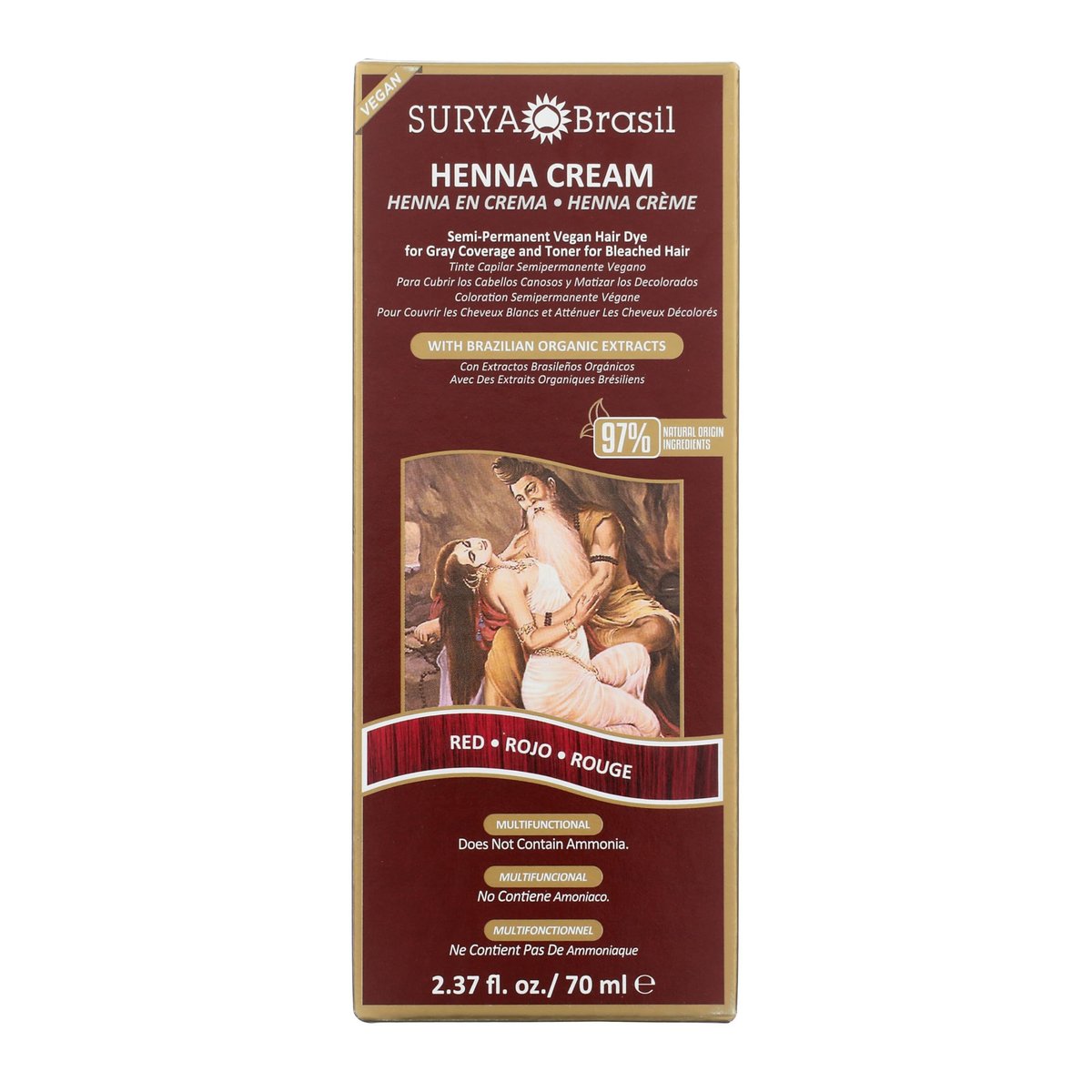 Surya Brasil Henna Cream Red - 97% Natural, Vegan, Cruelty-Free Semi-Permanent Hair Color for Deep Hydration & Shine (2.37 oz) Avelisse