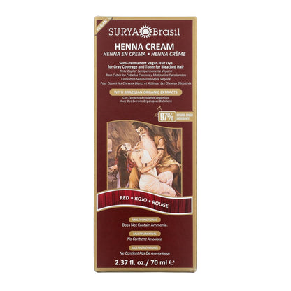 Surya Brasil Henna Cream Red - 97% Natural, Vegan, Cruelty-Free Semi-Permanent Hair Color for Deep Hydration & Shine (2.37 oz) Avelisse