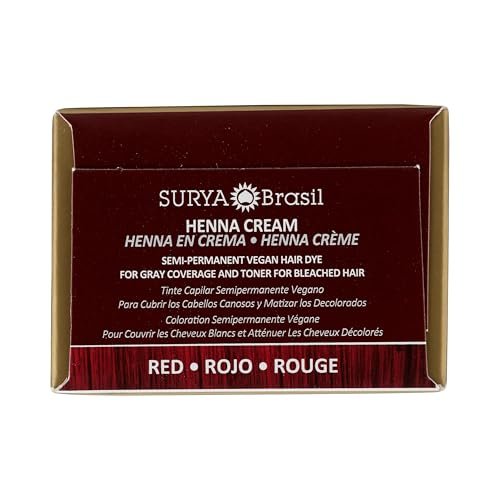 Surya Brasil Henna Cream Red - 97% Natural, Vegan, Cruelty-Free Semi-Permanent Hair Color for Deep Hydration & Shine (2.37 oz) Avelisse