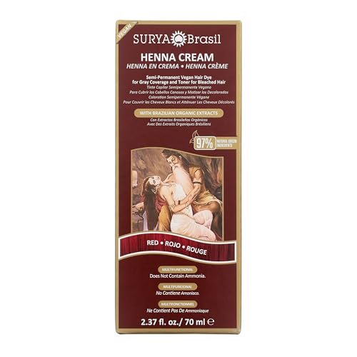 Surya Brasil Henna Cream Red - 97% Natural, Vegan, Cruelty-Free Semi-Permanent Hair Color for Deep Hydration & Shine (2.37 oz) Avelisse