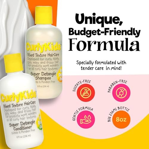CurlyKids Super Detangle Shampoo & Conditioner Set for Curly, Kinky, Wavy Hair - Sulfate & Paraben-Free, 8 Fl Oz Each Avelisse