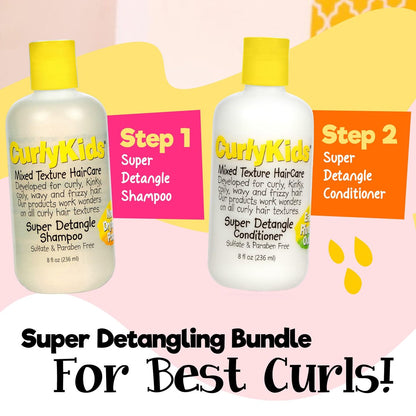 CurlyKids Super Detangle Shampoo & Conditioner Set for Curly, Kinky, Wavy Hair - Sulfate & Paraben-Free, 8 Fl Oz Each Avelisse