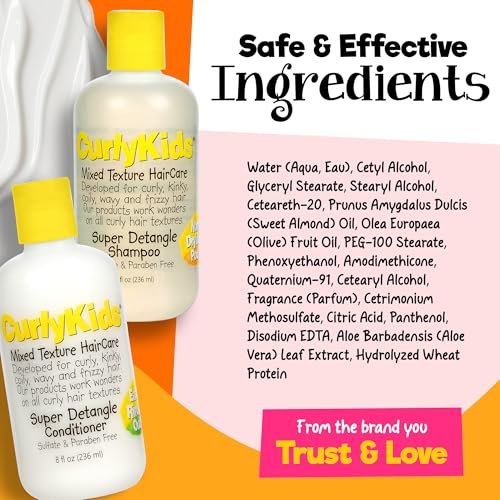 CurlyKids Super Detangle Shampoo & Conditioner Set for Curly, Kinky, Wavy Hair - Sulfate & Paraben-Free, 8 Fl Oz Each Avelisse